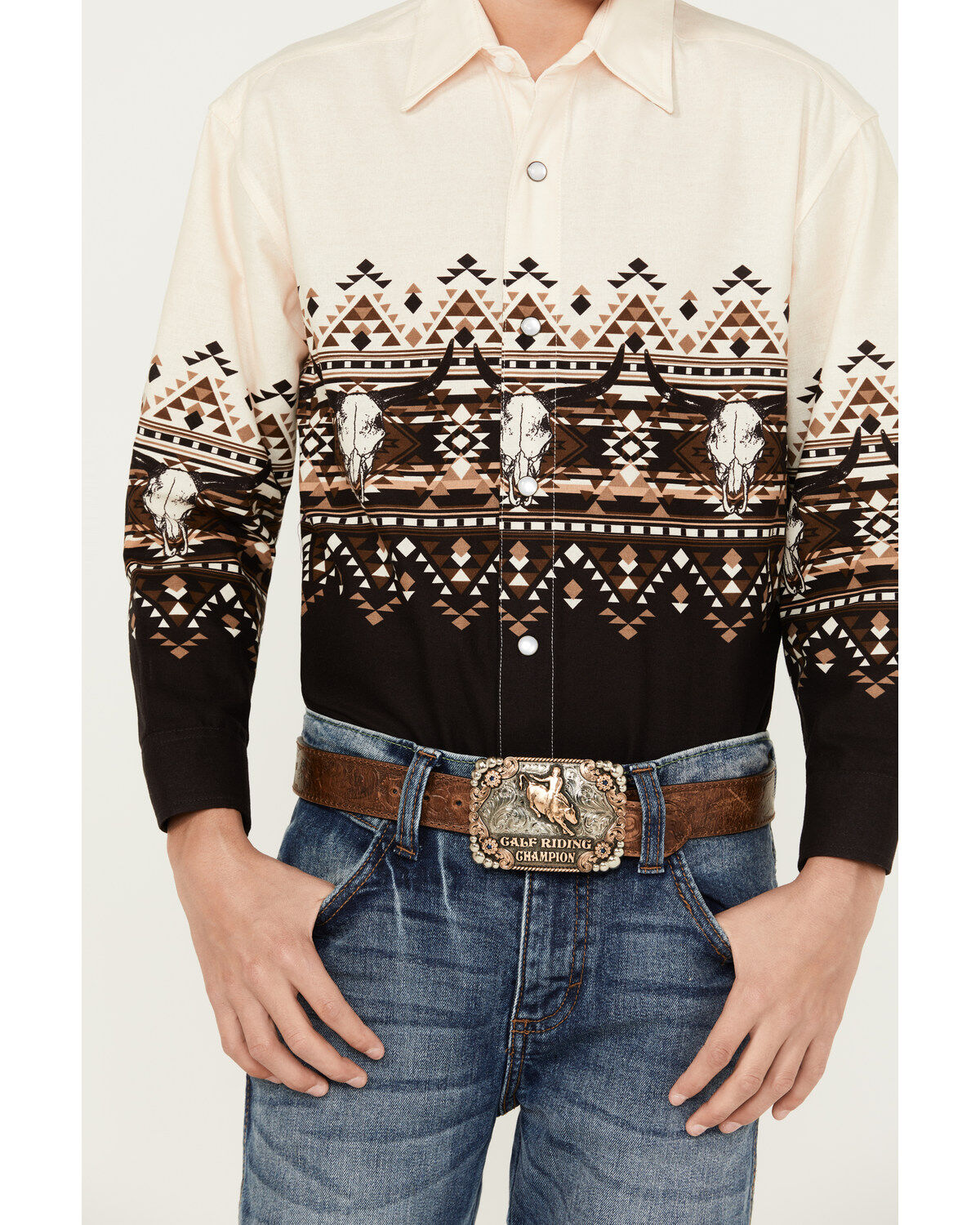 Image #3 - Panhandle Boys' Steer Head Southwestern Border Print Long Sleeve Pearl Snap Shirt, , hi-res