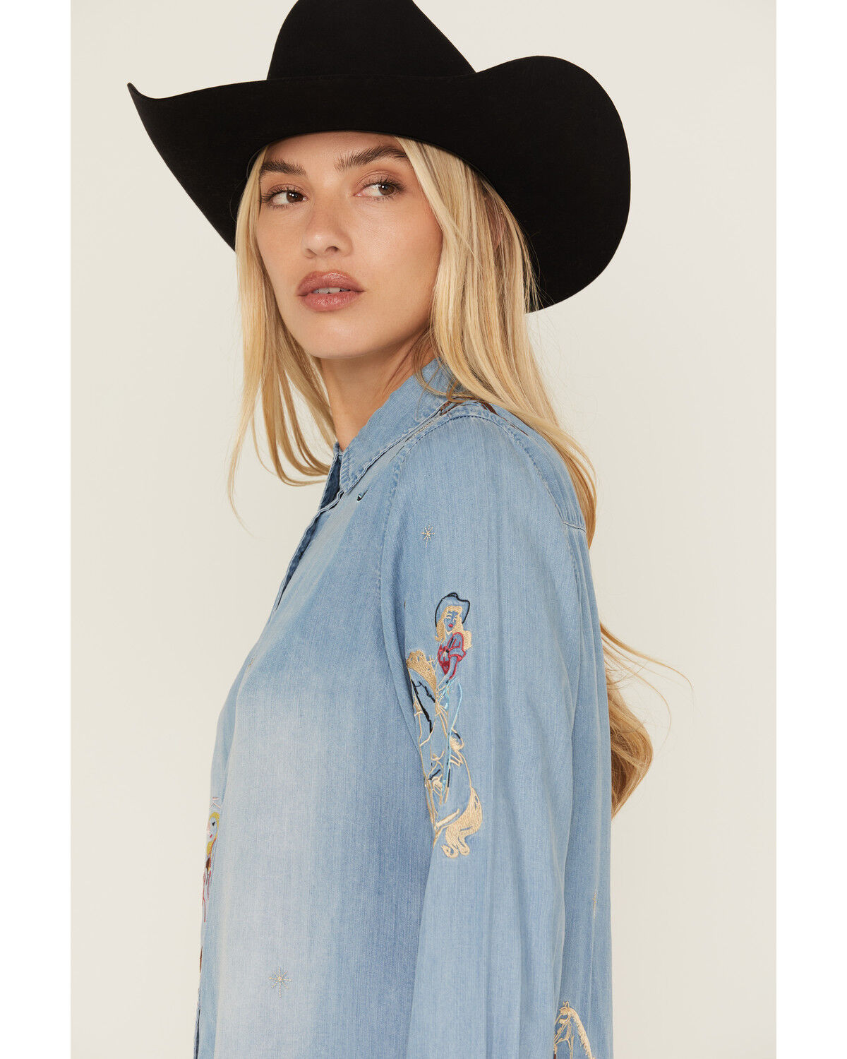 Image #2 - Blue B Women's Cowgirl Embroidered Long Sleeve Button-Down Denim Shirt, , hi-res