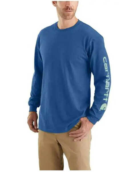 Carhartt Men's Loose Fit Heavyweight Long Sleeve Logo Graphic Work T-Shirt, Blue, hi-res