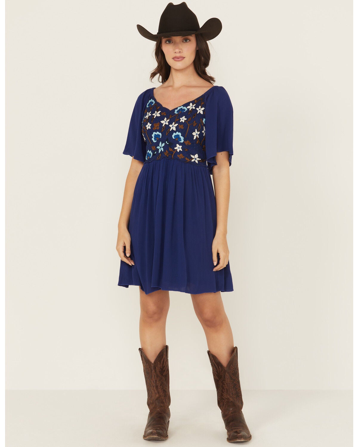 Shyanne Women's Embroidered Crinkle Flutter Sleeve Mini Dress, Blue, hi-res