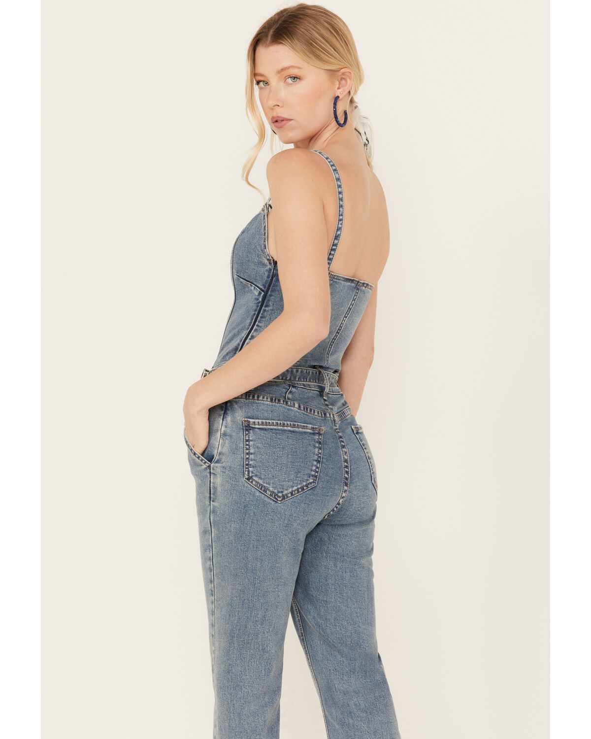 Image #5 - Rock & Roll Denim Women's Medium Wash Straight Leg Stretch Jumpsuit, Blue, hi-res
