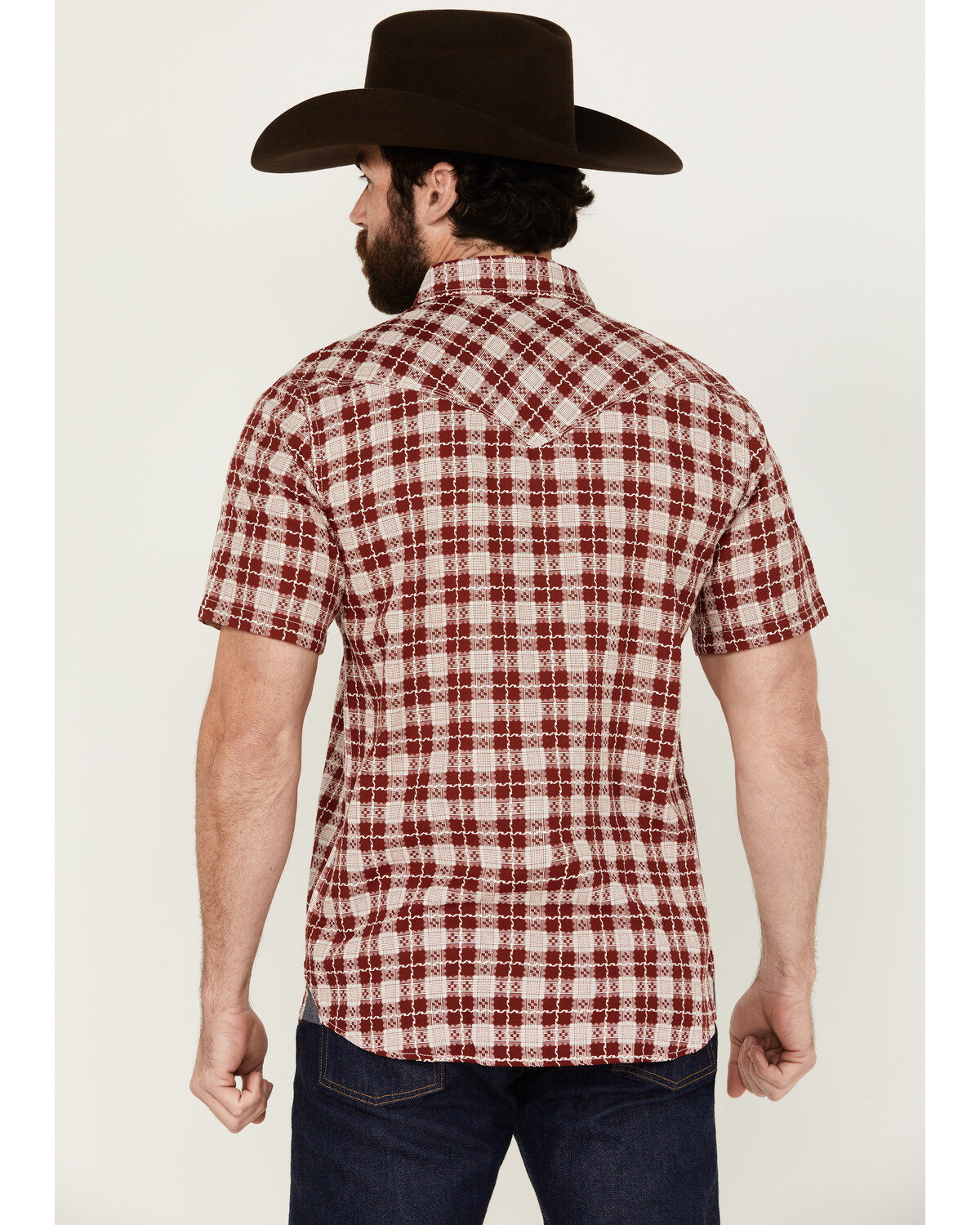 Image #4 - Moonshine Spirit Men's Legend Plaid Print Short Sleeve Snap Western Shirt, Burgundy, hi-res