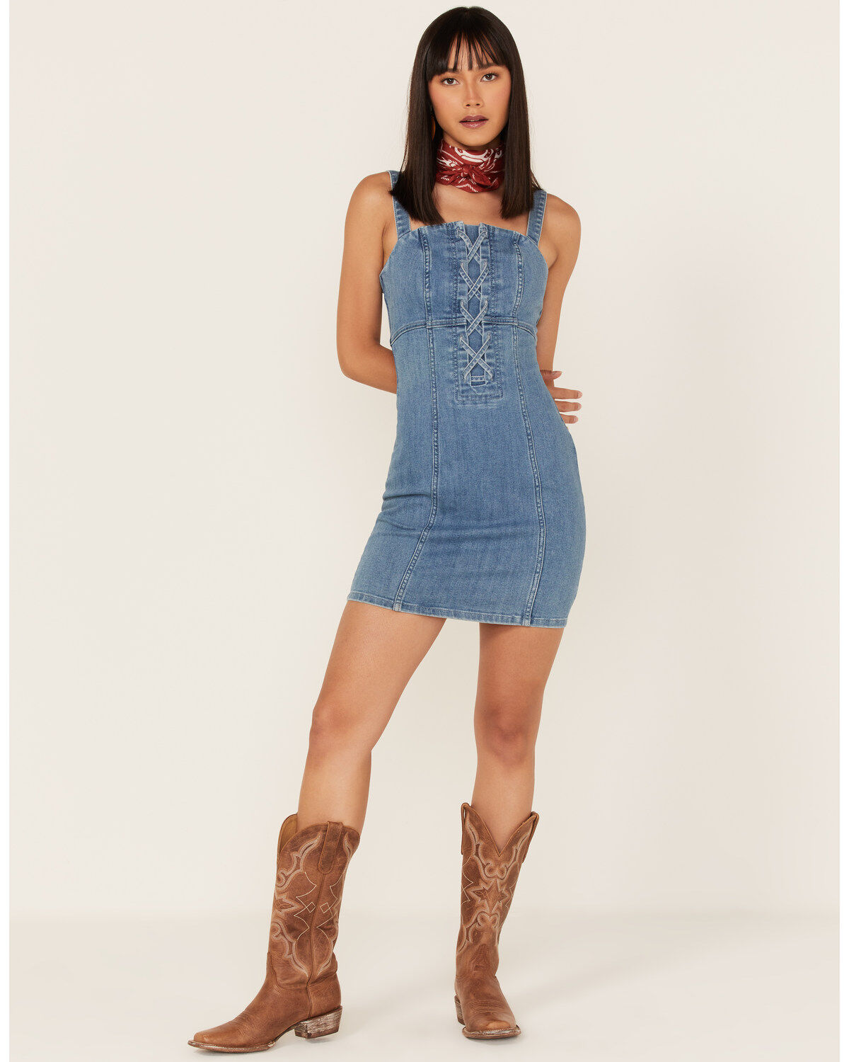 Image #2 - Shyanne Women's Light Wash Lace-Up Denim Mini Dress, , hi-res
