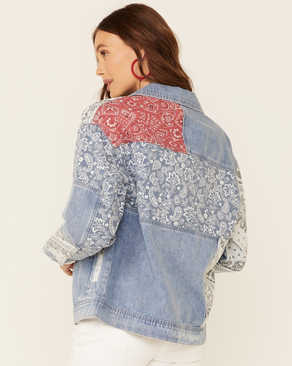 Driftwood Women's Medium Wash Bandana Patchwork Snap Denim Jacket