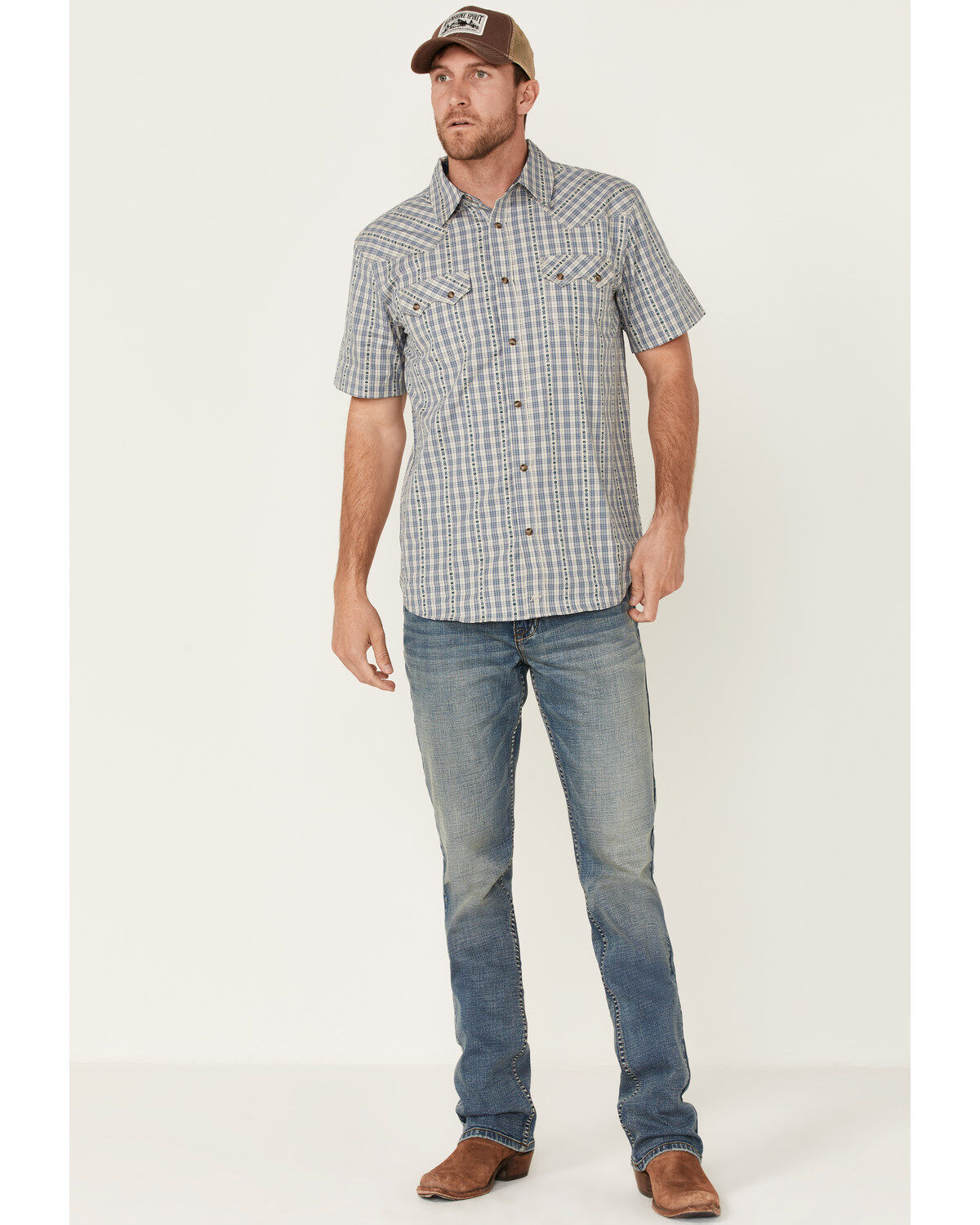 Image #2 - Moonshine Spirit Men's Santa Fe Dobby Plaid Short Sleeve Snap Western Shirt, Tan, hi-res