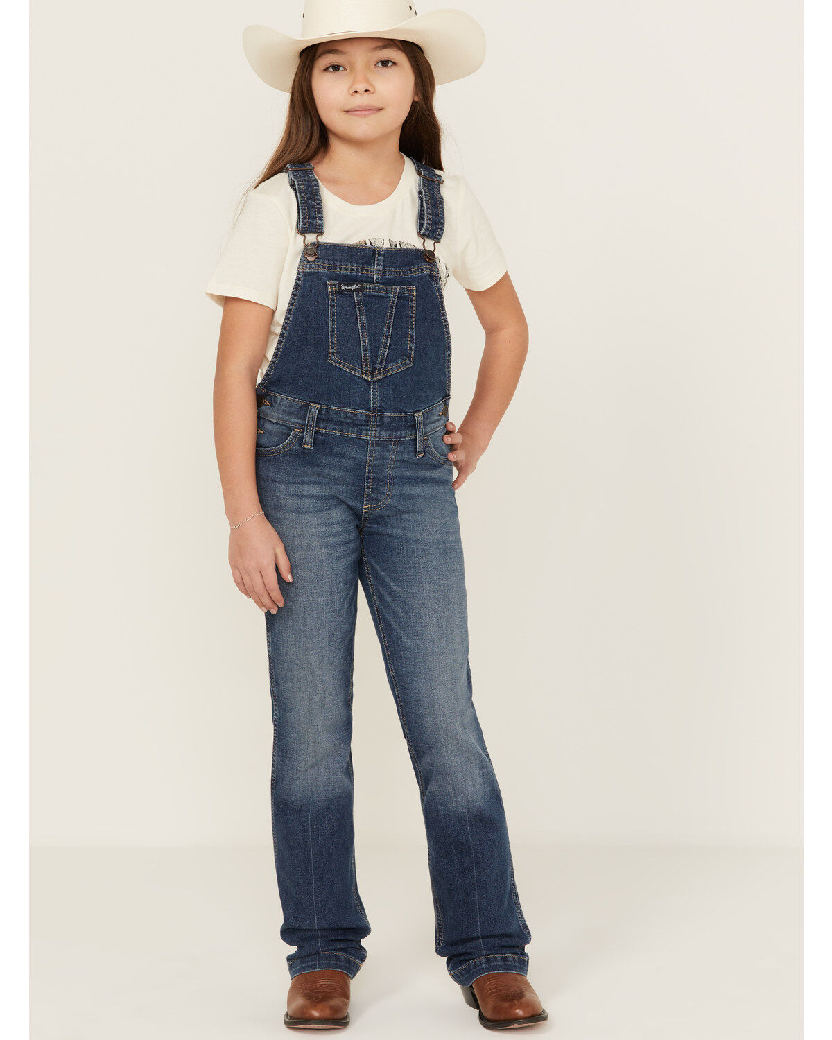 Image #1 - Wrangler Girls' Tegan Medium Wash Denim Overalls, Medium Wash, hi-res