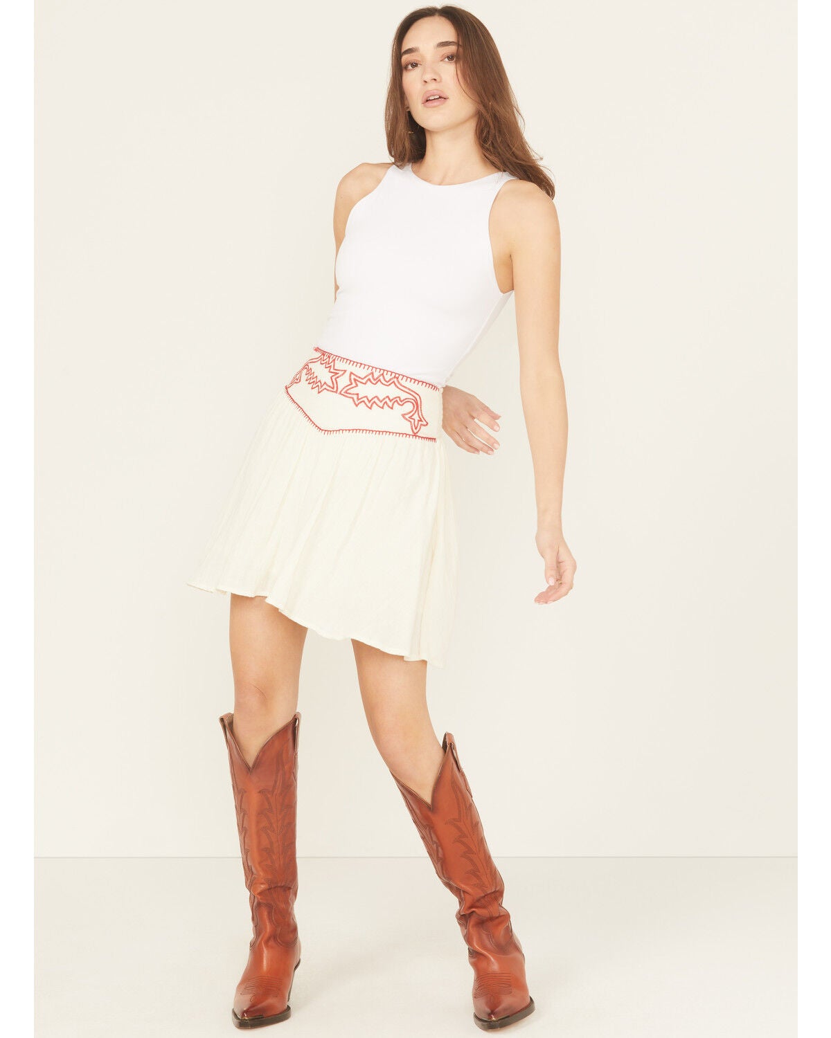 Rock & Roll Denim Women's Boot Stitch Embroidered Mini Skirt, Natural, hi-res