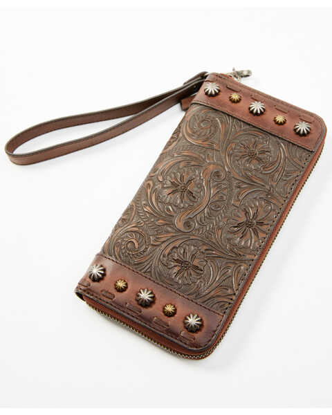 Keep It Gypsy Trifold Gold Distressed Hand Tooled Wallet Wristlet with  Cream Strap