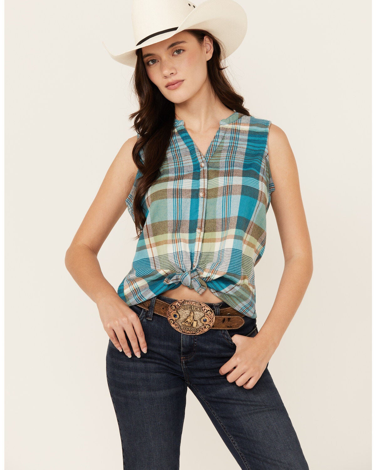 Shyanne Women's Plaid Print Twill Sleeveless Button-Down Western Shirt, Medium Blue, hi-res