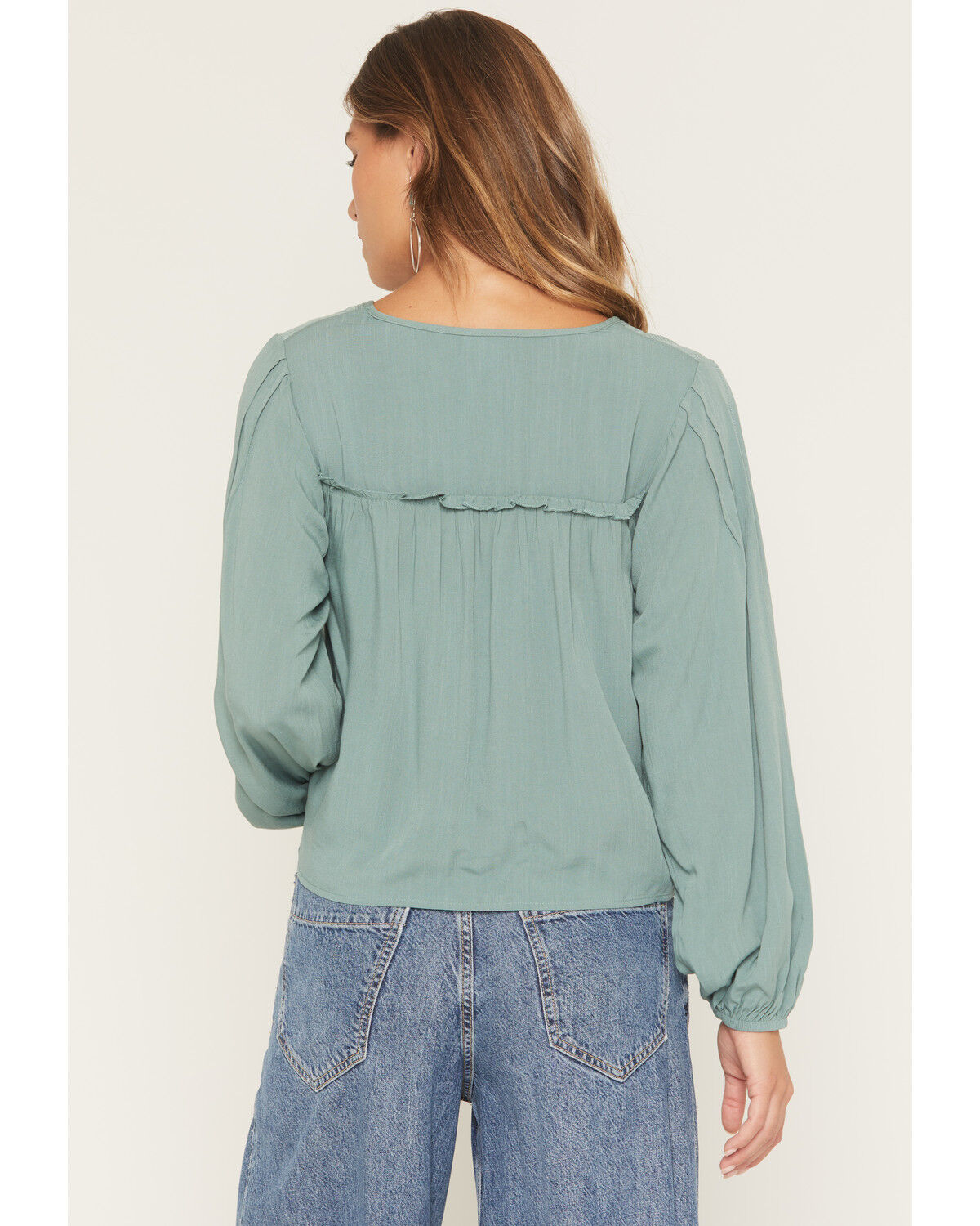 Image #4 - Eyeshadow Women's Long Sleeve Lace Contrast Peasant Top, Sage, hi-res