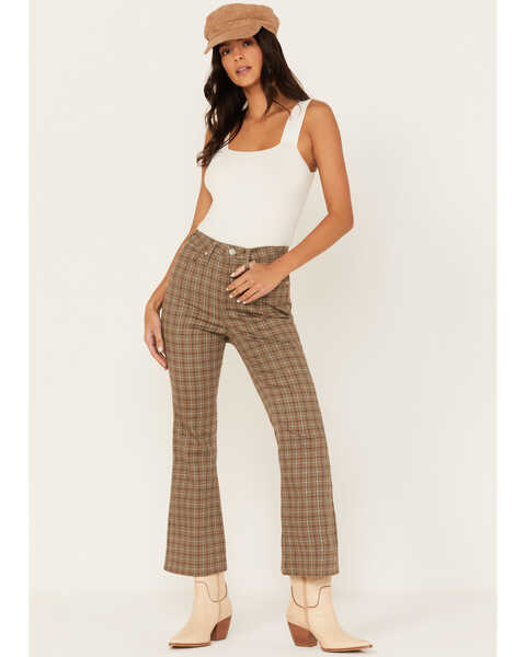 Cleo + Wolf Women's High-Rise Plaid Print Flare Jeans, Brown, hi-res