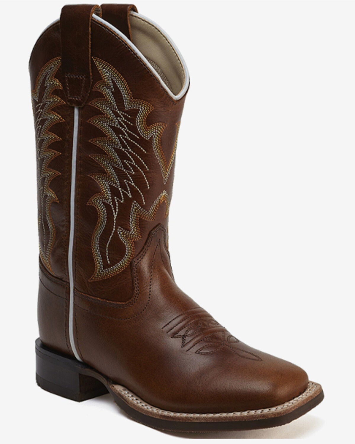 Old West Boys' Performance Western Boots - Broad Square Toe, Brown, hi-res
