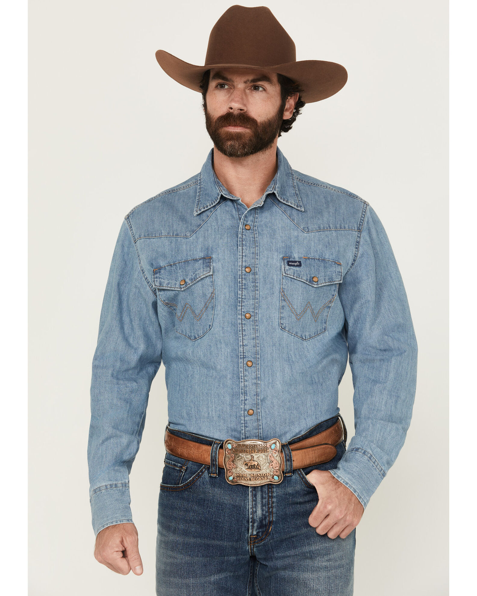 Image #1 - Wrangler Men's Light Wash Denim Long Sleeve Snap Western Shirt, Light Wash, hi-res