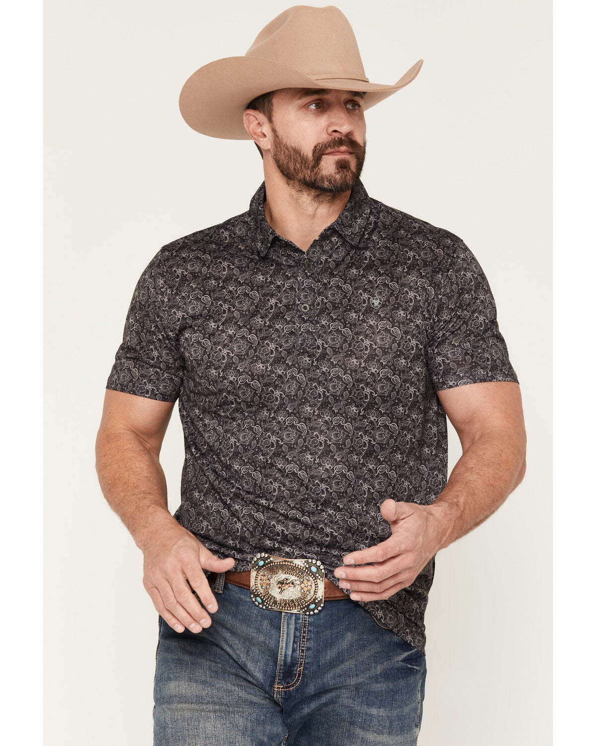 Image #1 - Ariat Men's Paisley Print Short Sleeve Button-Down Polo, Black, hi-res