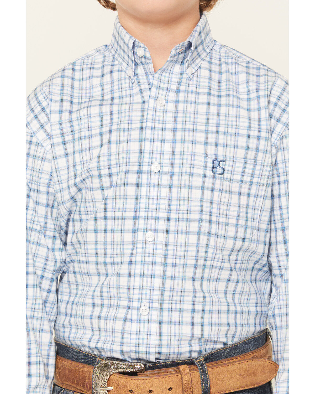 Image #3 - Panhandle Slim Boys' Plaid Print Long Sleeve Button-Down Stretch Western Shirt, Blue, hi-res