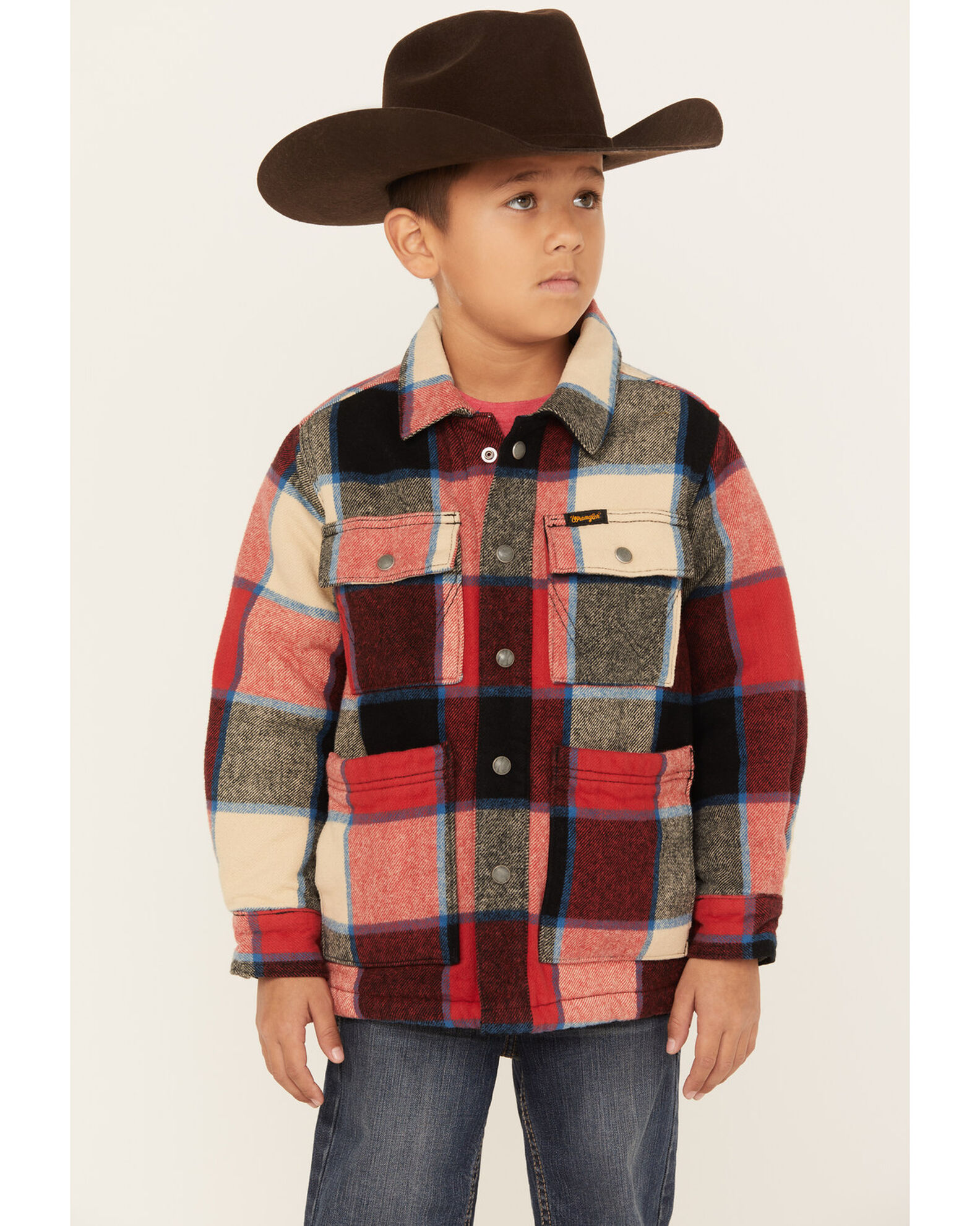 Wrangler Boys' Plaid Print Sherpa-Lined Snap Flannel Jacket | Boot Barn
