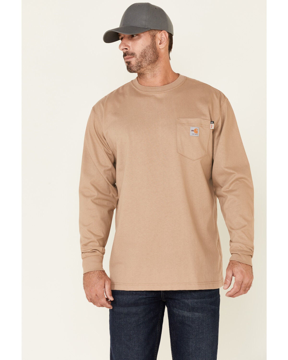 Carhartt Men's Flame Resistant Force Long Sleeve Work T-Shirt - Tall, Beige/khaki, hi-res