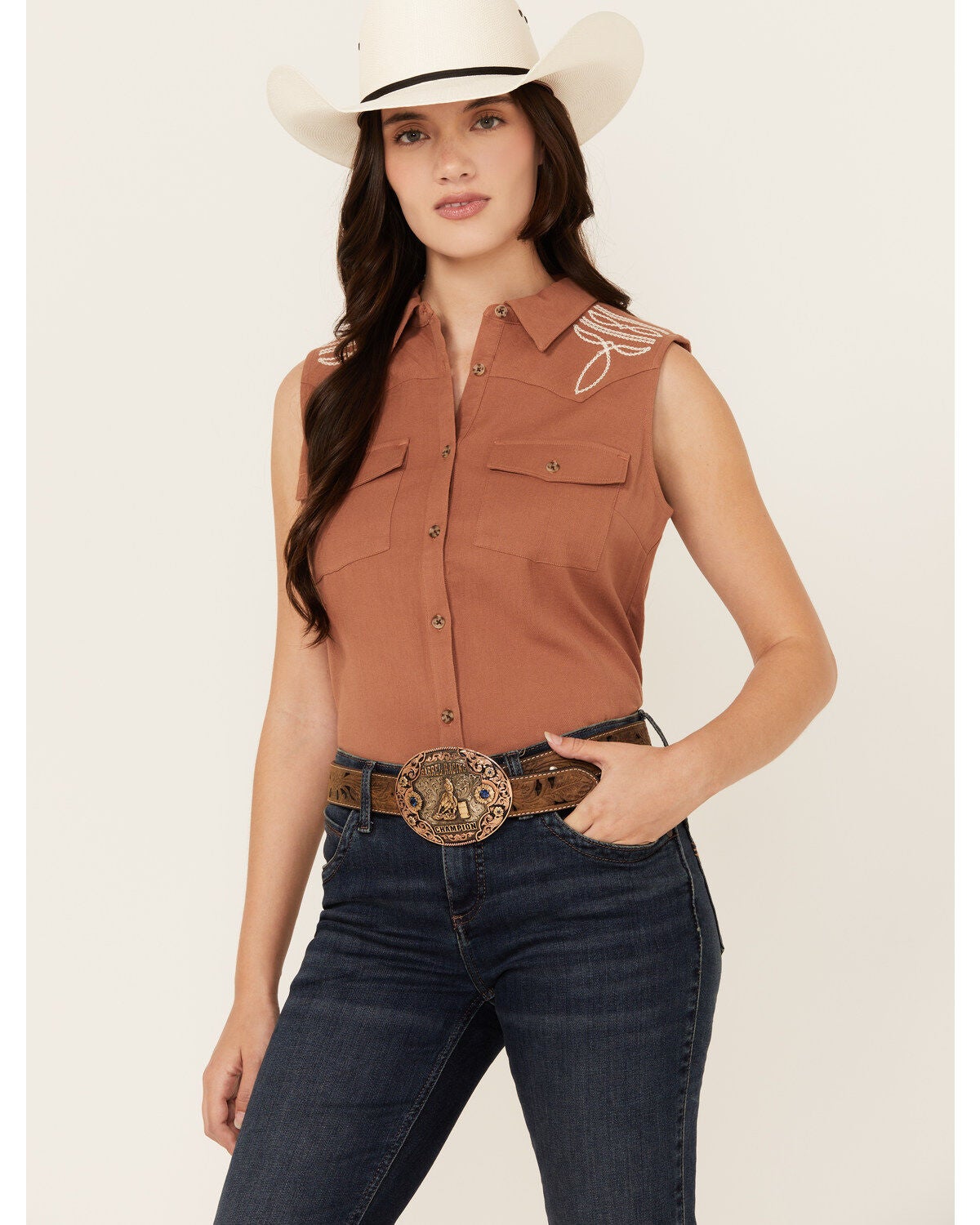 Shyanne Women's Western Embroidered Sleeveless Button-Down Western Shirt, Caramel, hi-res