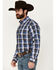 Image #3 - Cinch Men's Plaid Print Long Sleeve Button-Down Western Shirt, Blue, hi-res