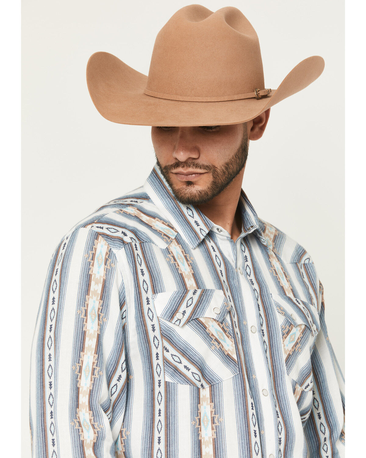 Image #2 - Panhandle Men's Vintage Southwestern Striped Long Sleeve Pearl Snap Western Shirt, Natural, hi-res