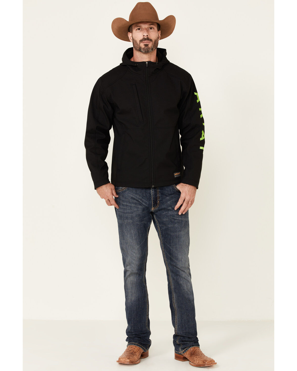 Image #2 - Ariat Men's Black & Lime Rebar Stretch Canvas Softshell Logo Zip-Front Work Jacket, Bright Green, hi-res