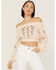 Shyanne Women's Floral Embroidered Off Shoulder Taupe Long Sleeve Crop Top, Taupe, hi-res