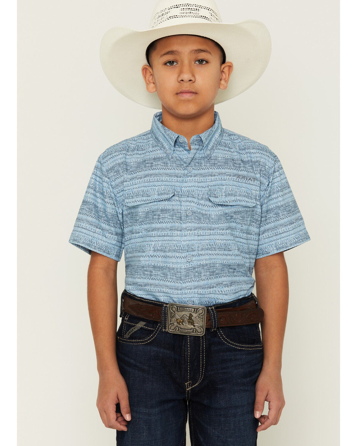 Ariat Boys' VentTEK Striped Short Sleeve Button-Down Western Shirt, White, hi-res