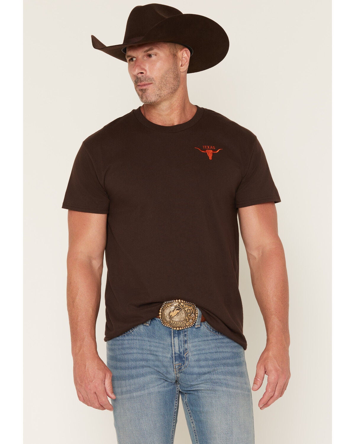Image #1 - Cody James Men's Texas Long Horn Embroidered Short Sleeve Graphic T-Shirt, Dark Brown, hi-res