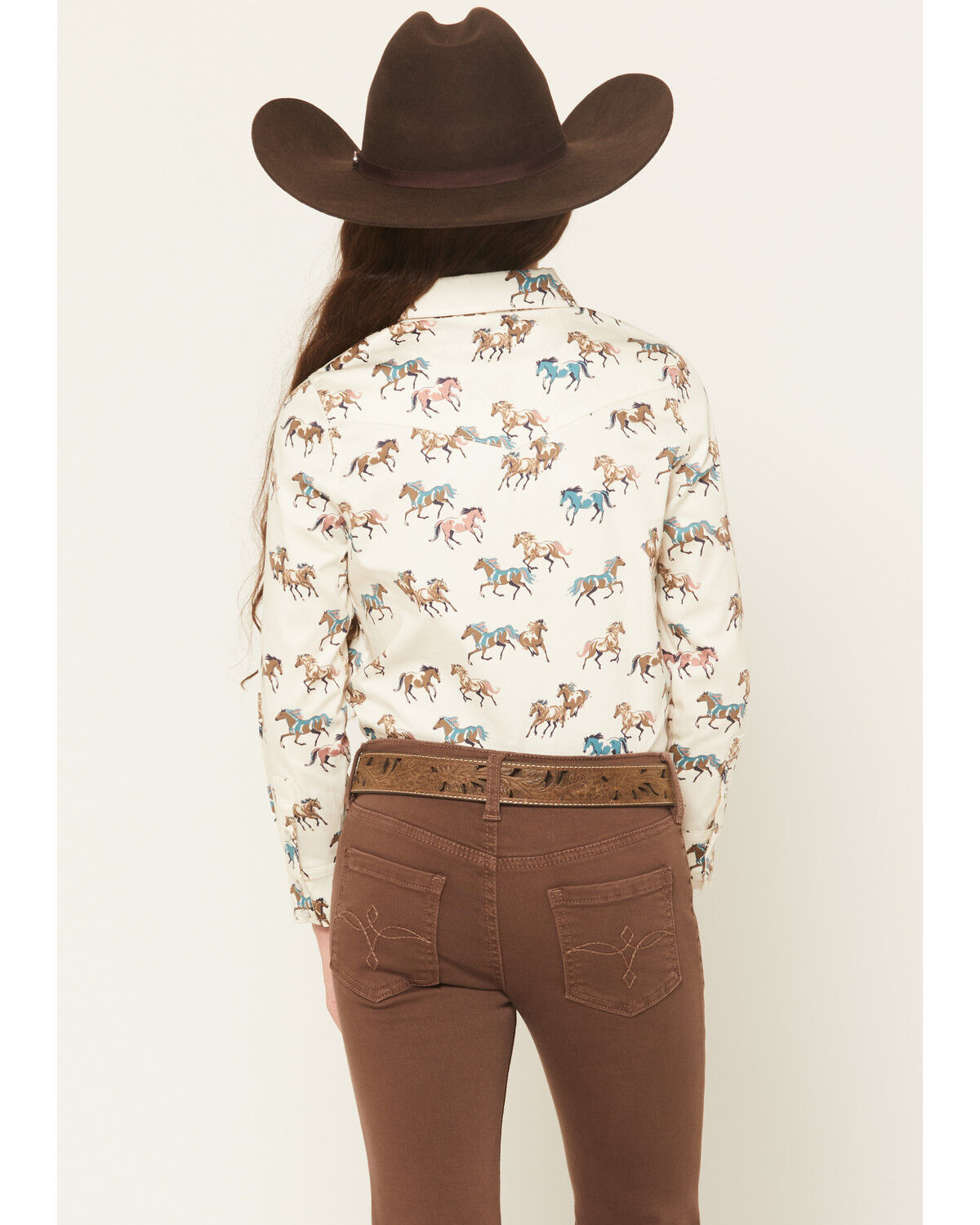 Image #4 - Shyanne Girls' Horse Print Long Sleeve Pearl Snap Stretch Western Shirt, Cream, hi-res