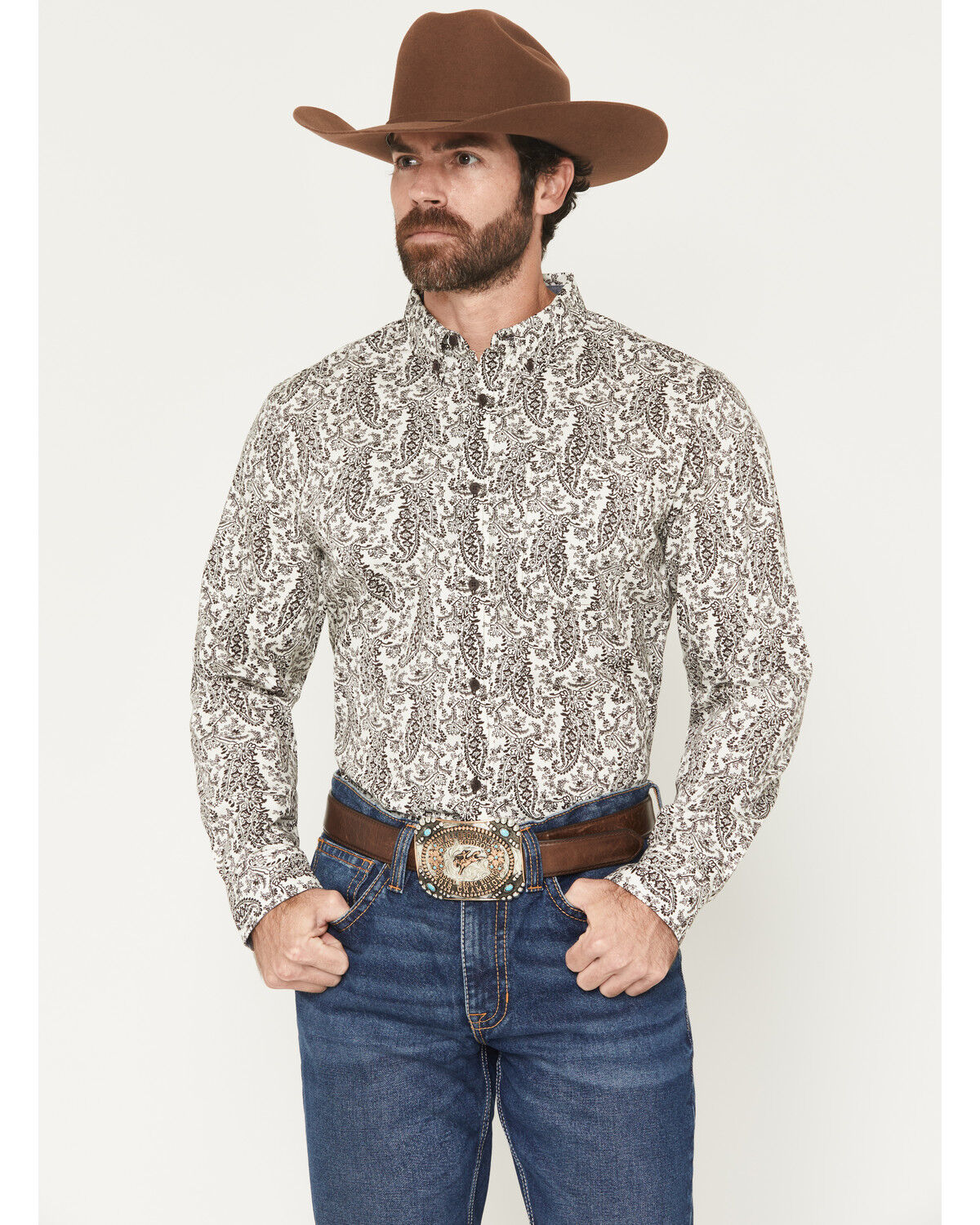 Image #1 - Cody James Men's Dagget 2.0 Paisley Print Long Sleeve Button-Down Stretch Western Shirt, Brown, hi-res