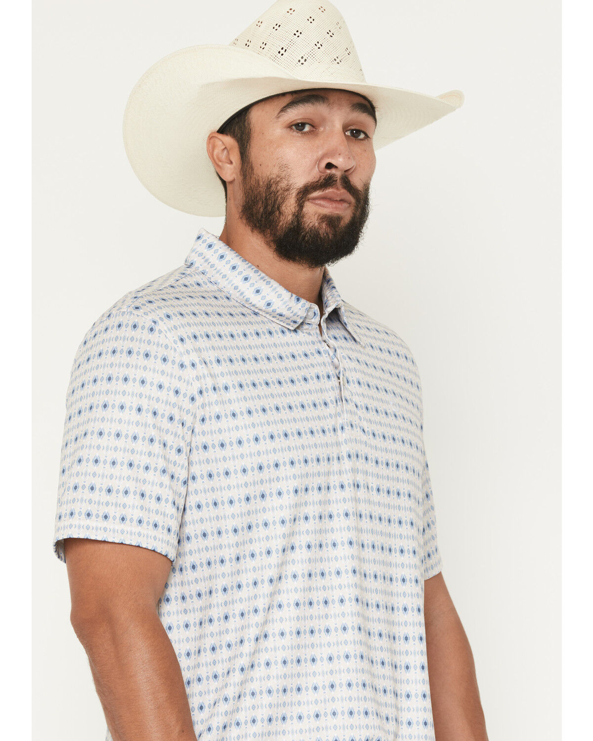 Image #2 - Panhandle Slim Men's Southwestern Print Short Sleeve Pearl Snap Performance Polo, Natural, hi-res