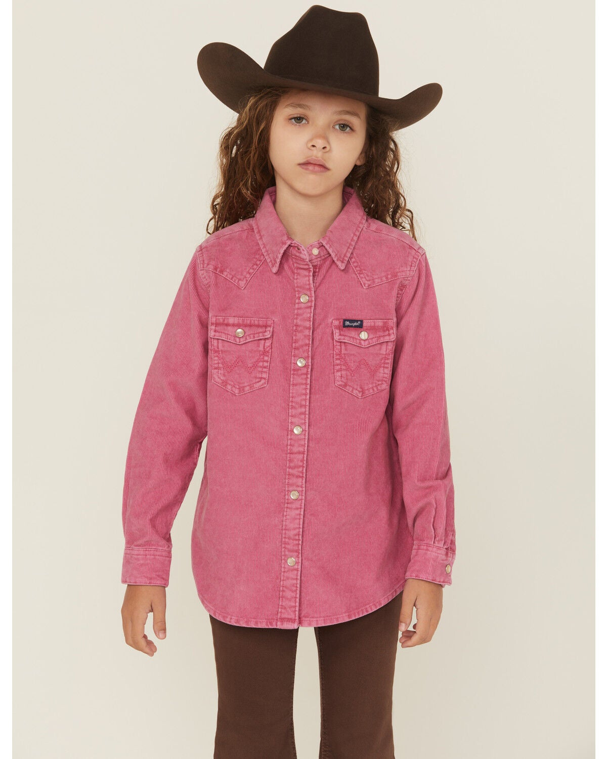 Wrangler Girls' Corduroy Long Sleeve Snap Western Shirt, Pink, hi-res