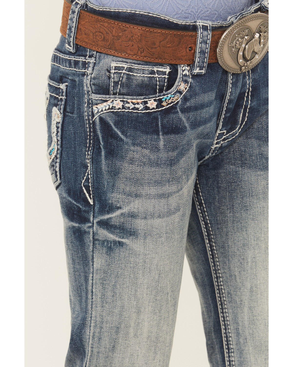Product Name:  Grace in LA Little Girls' Light Wash Double Horseshoe Pocket Bootcut Stretch Denim Jeans