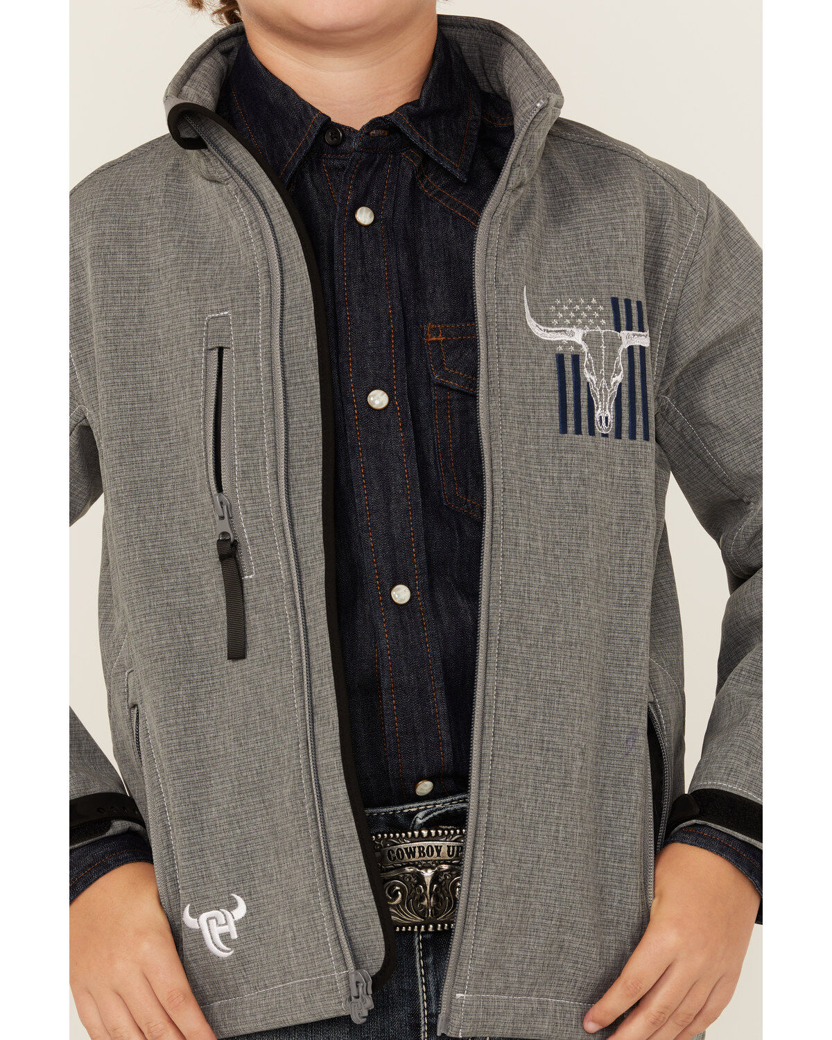 Image #3 - Cowboy Hardware Boys' Skull Flag Softshell Jacket, Grey, hi-res