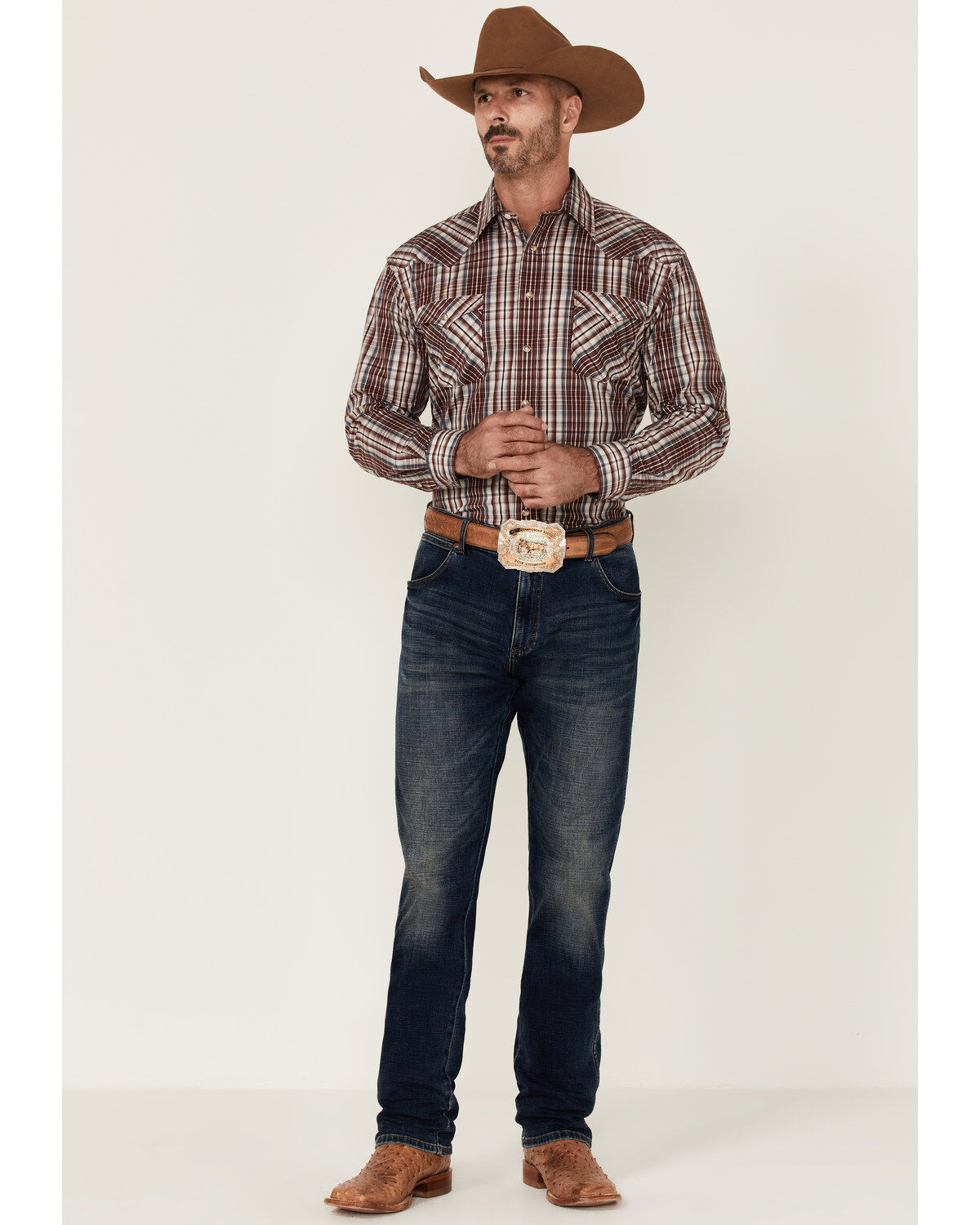 Image #2 - Rough Stock By Panhandle Men's Ombre Plaid Print Long Sleeve Pearl Snap Western Shirt, Maroon, hi-res