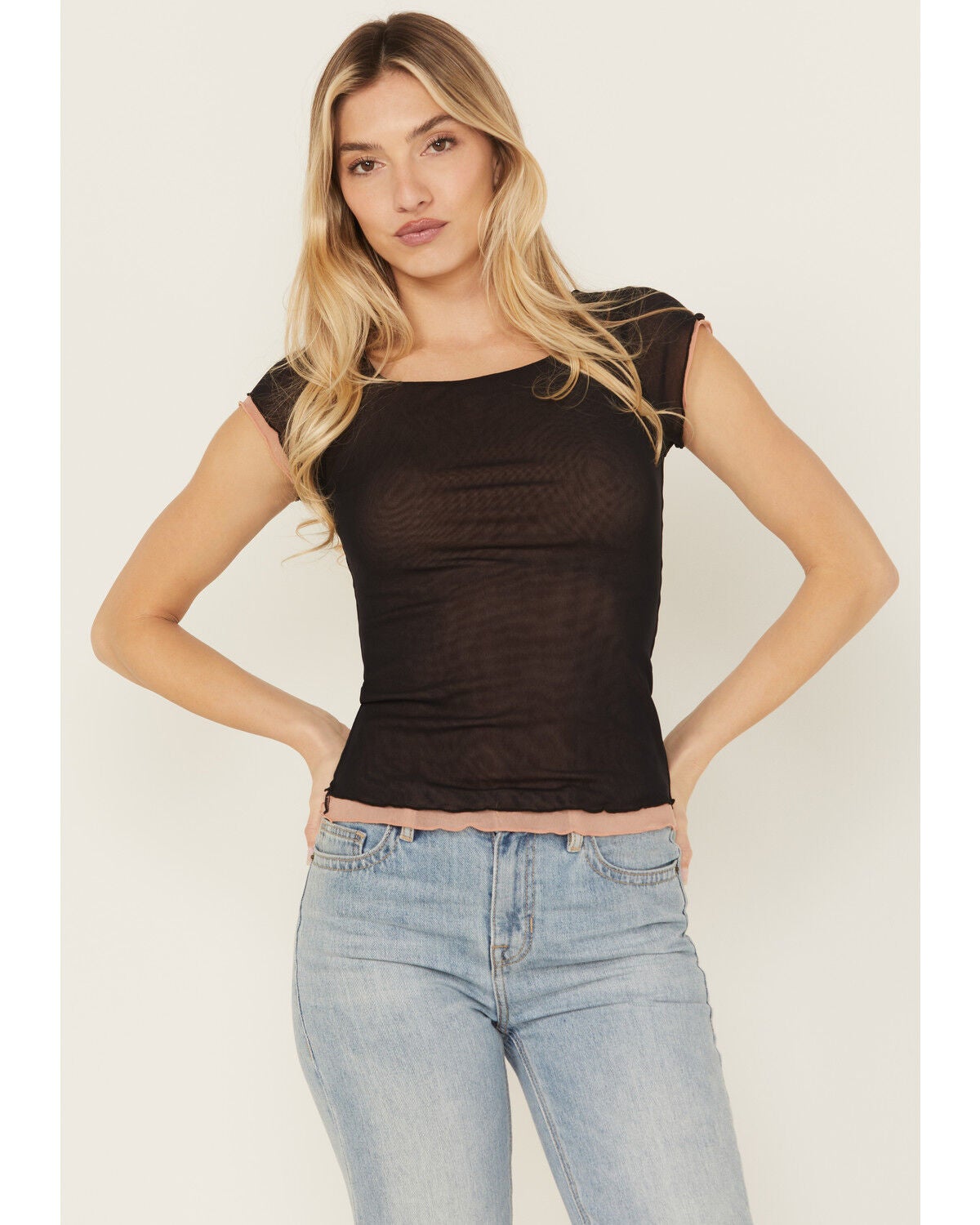 Free People Women's Double Take Short Sleeve Mesh Tee, Black, hi-res