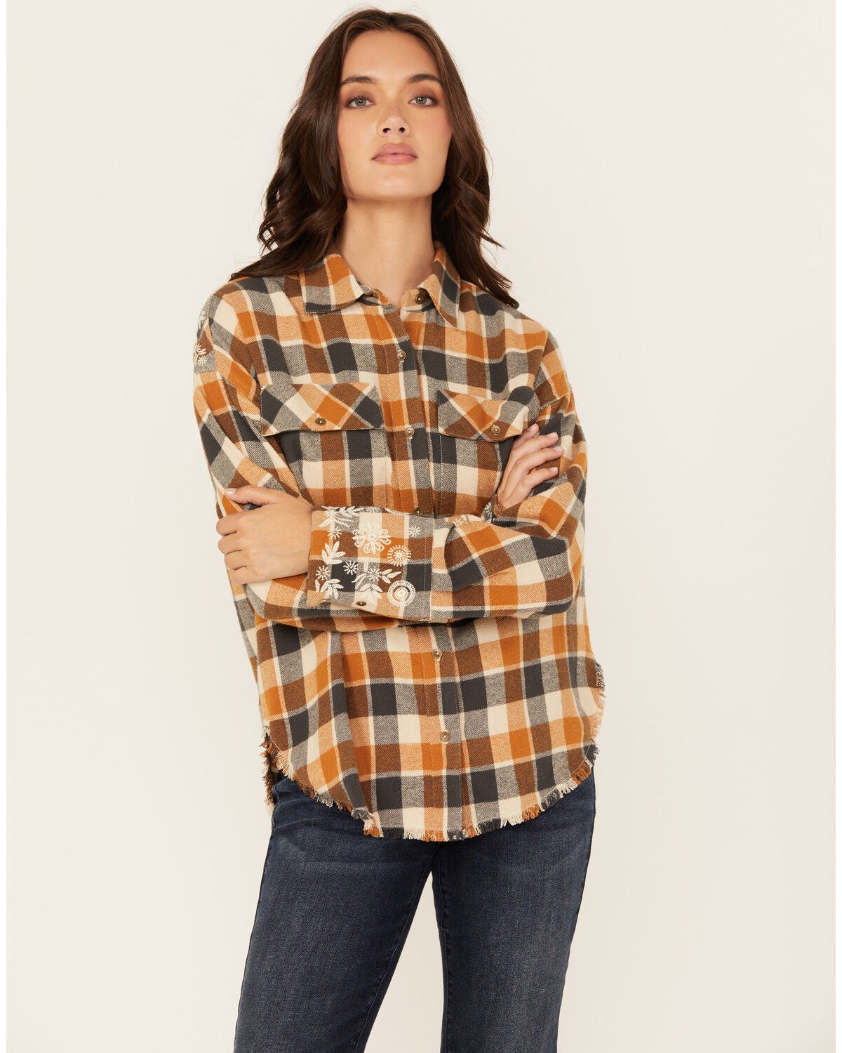 Cleo + Wolf Women's Christian Plaid Print Embroidered Long Sleeve Button-Down Western Shirt, Caramel, hi-res