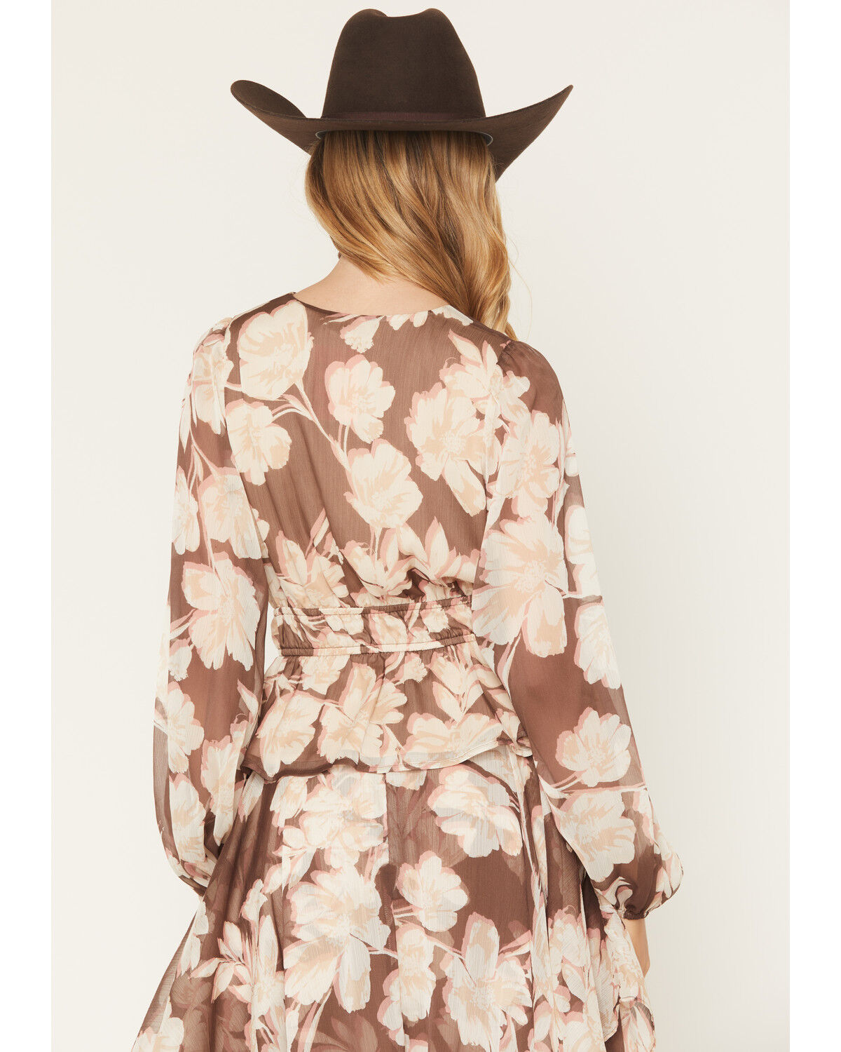 Image #4 - Shyanne Women's Floral Print Long Sleeve Chiffon Shirt, Brown, hi-res