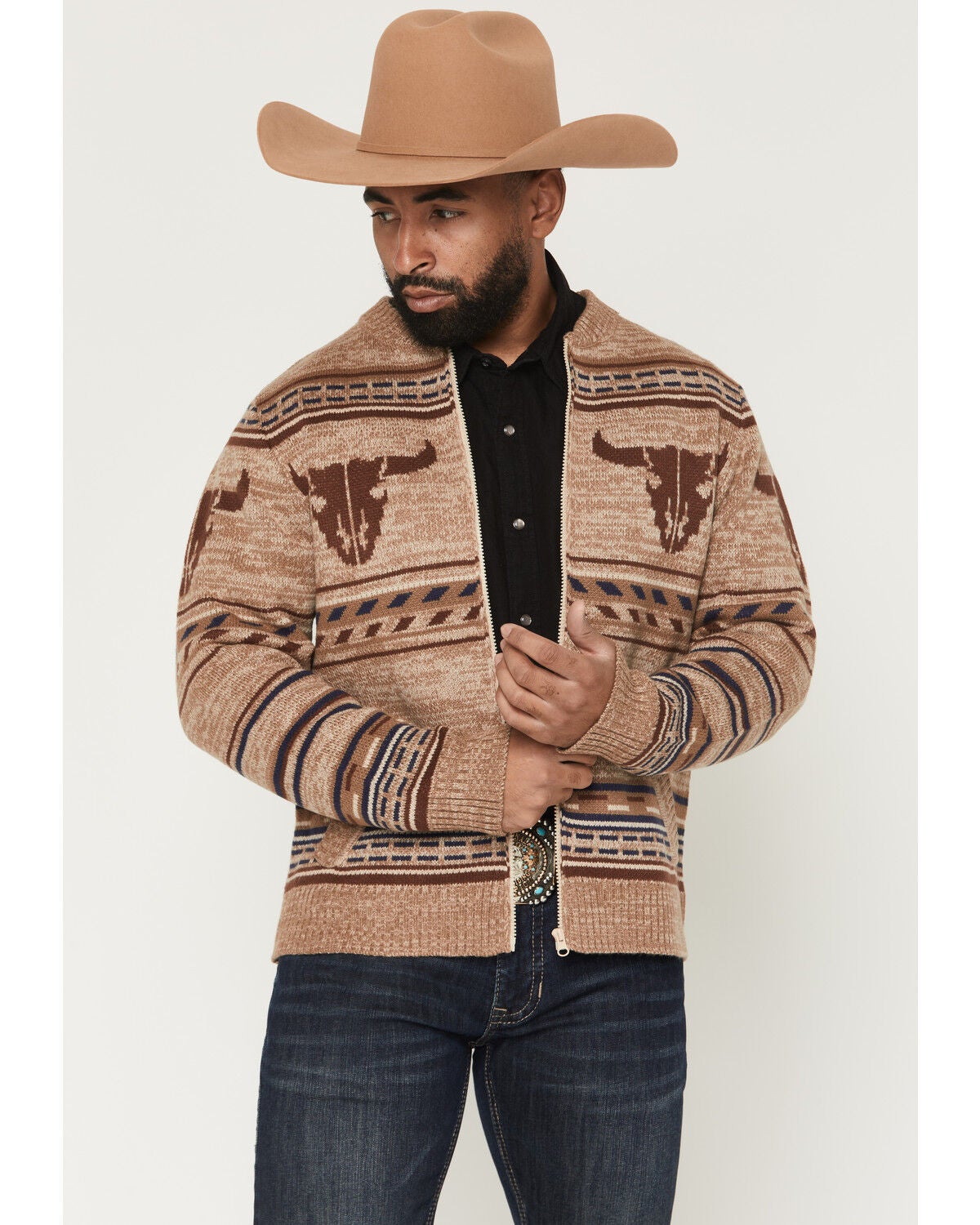 Image #1 - Cotton & Rye Men's Novelty Steerhead Zip-Up Sweater, Tan, hi-res