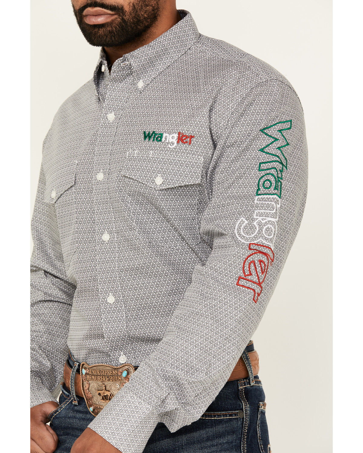 Product Name:  Wrangler Men's Mexico Flag Logo Geo Print Long Sleeve Button-Down Western Shirt