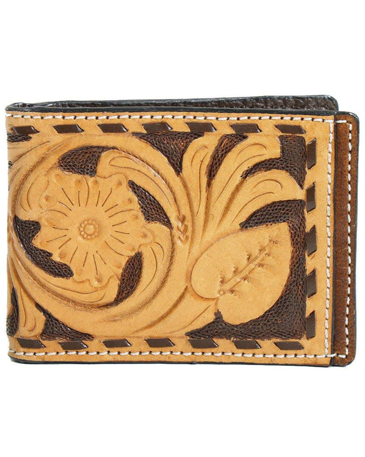 Image #1 - M & F Western Men's Buckstitch Tooled Leather Bifold Spring Money Clip, Brown, hi-res