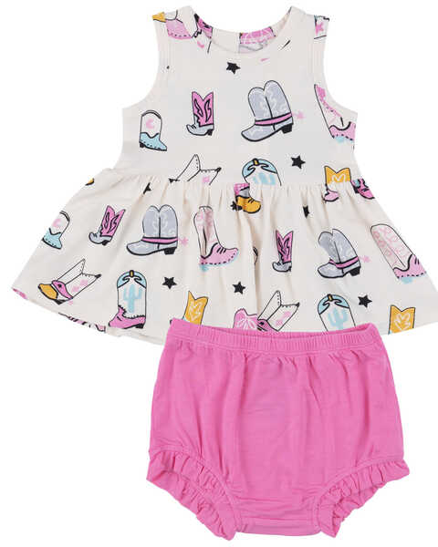 Image #1 - Angel Dear Infant Girls' Boot Print Dress And Diaper Cover - 2 Piece , Pink, hi-res