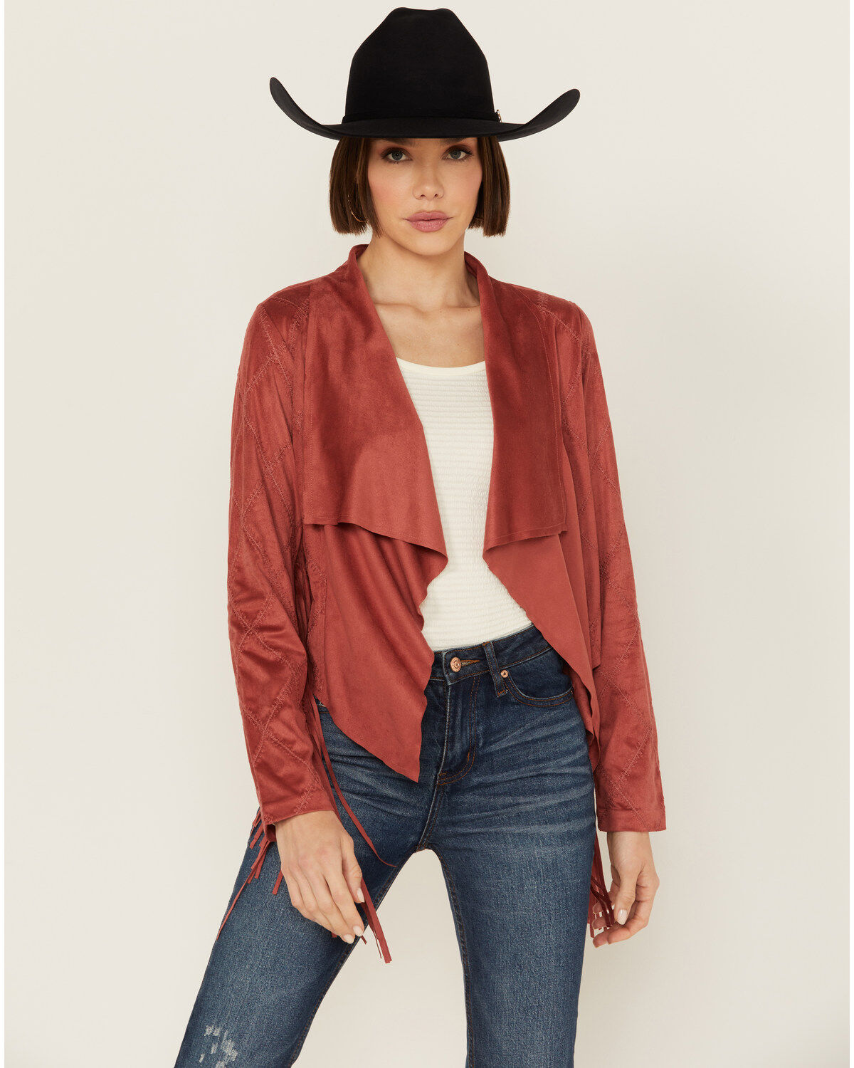 Image #1 - Shyanne Women's Open Front Faux Suede Fringe Jacket, Rust Copper, hi-res