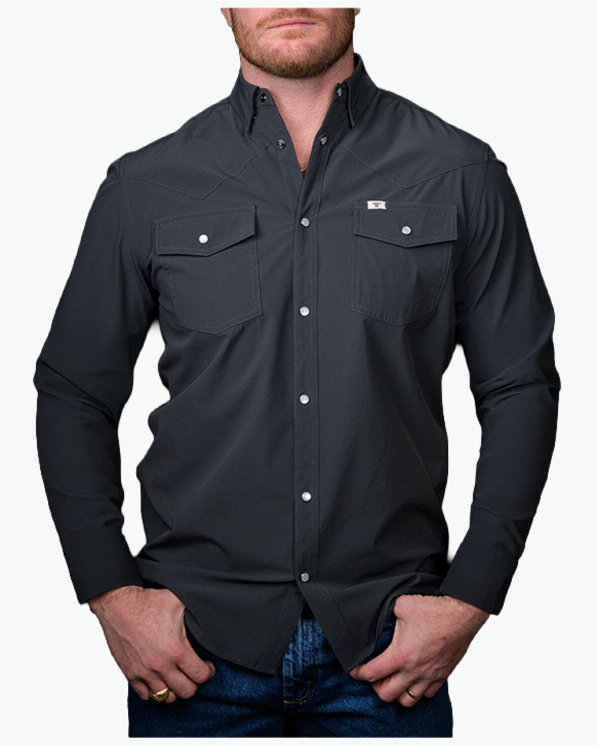 Ferrell Men's Tek Solid Long Sleeve Snap Performance Western Shirt, Charcoal, hi-res