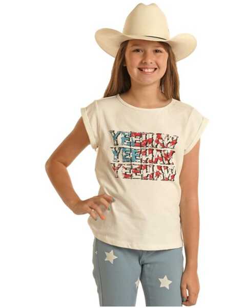Panhandle Girls' Yeehaw Americana Short Sleeve Graphic Tee, Natural, hi-res