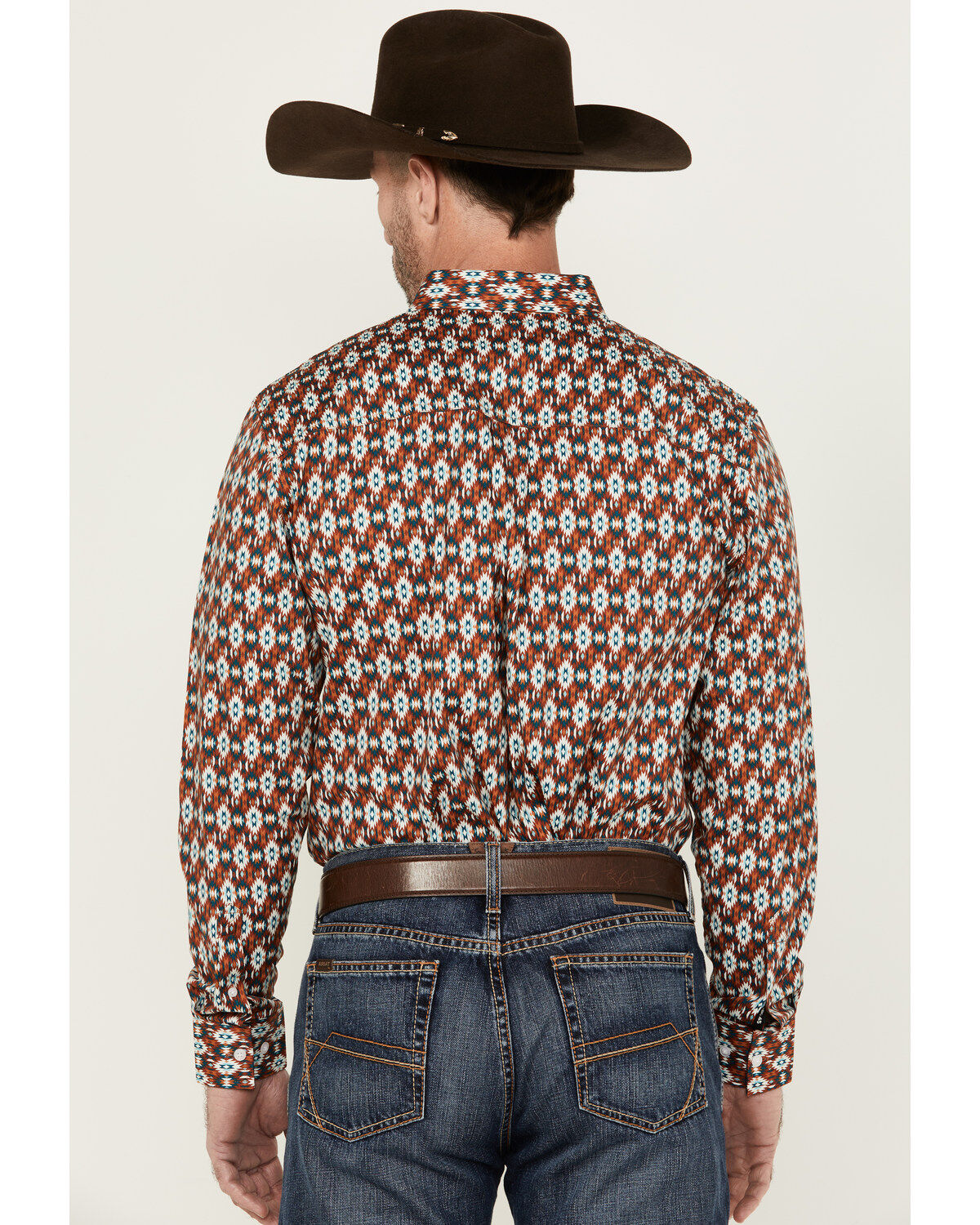 Image #4 - RANK 45® Men's Multaz Southwestern Print Geo Print Long Sleeve Button-Down Performance Stretch Western Shirt, Teal, hi-res