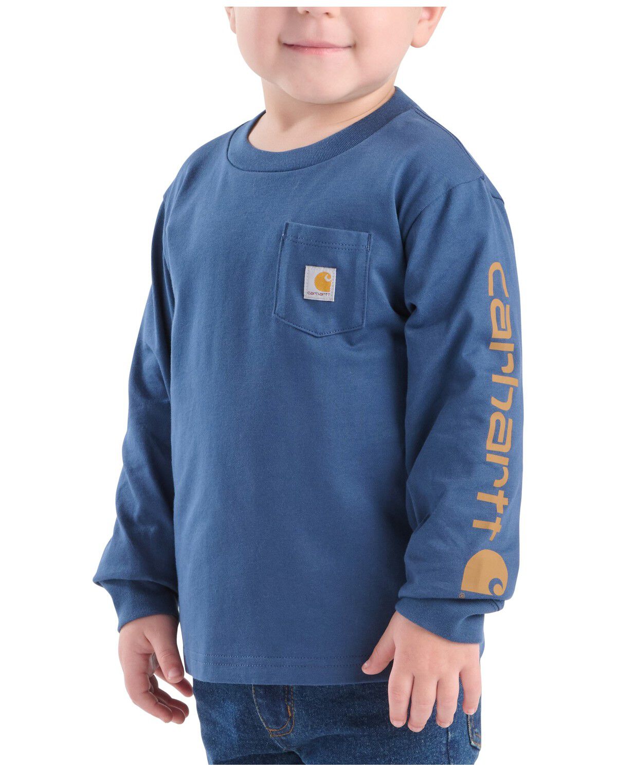Image #1 - Carhartt Boys' Long Sleeve Logo Pocket T-Shirt, Dark Blue, hi-res
