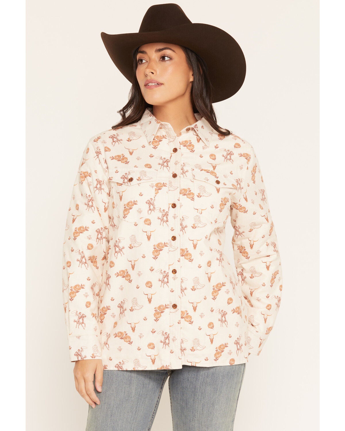 Image #1 - Ely Walker Women's Boot Barn Exclusive Western Conversational Print Sherpa Lined Flannel Shacket, Cream, hi-res