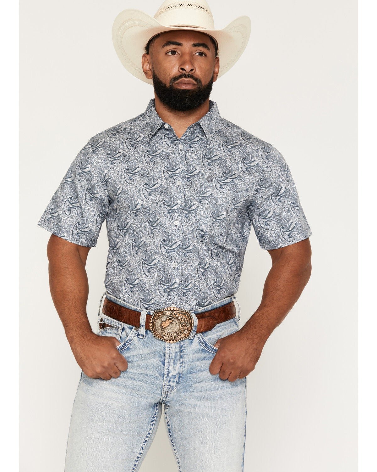 Cody James Men's Zeke 2.0 Paisley Print Short Sleeve Button-Down Stretch Western Shirt, Blue, hi-res