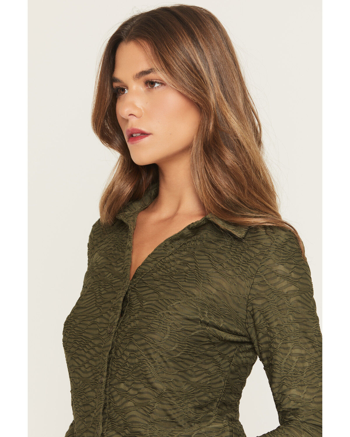 Image #2 - Panhandle Women's Jacquard Collared Top, Olive, hi-res
